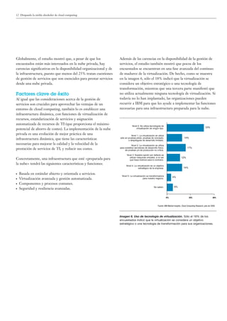 12 Disipando la niebla alrededor de cloud computing
Globalmente, el estudio mostró que, a pesar de que los
encuestados están más interesados en la nube privada, hay
carencias signiﬁcativas en la disponibilidad organizacional y de
la infraestructura, puesto que menos del 25% tratan cuestiones
de gestión de servicios que son esenciales para prestar servicios
desde una nube privada.
Factores clave de éxito
Al igual que las consideraciones acerca de la gestión de
servicios son cruciales para aprovechar las ventajas de un
entorno de cloud computing, también lo es establecer una
infraestructura dinámica, con funciones de virtualización de
recursos, estandarización de servicios y asignación
automatizada de recursos de TI (que proporciona el máximo
potencial de ahorro de costes). La implementación de la nube
privada es una evolución de mejor práctica de una
infraestructura dinámica, que tiene las características
necesarias para mejorar la calidad y la velocidad de la
prestación de servicios de TI, y reducir sus costes.
Concretamente, una infraestructura que esté «preparada para
la nube» tendrá las siguientes características y funciones:
● Basada en estándar abierto y orientada a servicios.
● Virtualización avanzada y gestión automatizada.
● Componentes y procesos comunes.
● Seguridad y resiliencia avanzadas.
Además de las carencias en la disponibilidad de la gestión de
servicios, el estudio también mostró que pocos de los
encuestados se encuentran en una fase avanzada del continuo
de madurez de la virtualización. De hecho, como se muestra
en la imagen 6, sólo el 18% indicó que la virtualización se
considera un objetivo estratégico o una tecnología de
transformación, mientras que una tercera parte manifestó que
no utiliza actualmente ninguna tecnología de virtualización. Si
todavía no lo han implantado, las organizaciones pueden
recurrir a IBM para que les ayude a implementar las funciones
necesarias para una infraestructura preparada para la nube.
Imagen 6. Uso de tecnología de virtualización. Sólo el 18% de los
encuestados indicó que la virtualización se considera un objetivo
estratégico o una tecnología de transformación para sus organizaciones.
Fuente: IBM Market Insights, Cloud Computing Research, julio de 2009.
0% 20% 40%
Nivel 0: No utiliza tecnologías de
virtualización de ningún tipo.
Nivel 1: La virtualización se utiliza
sólo en pruebas piloto, pruebas de concepto,
o despliegues de desarrollo limitado.
Nivel 2: La virtualización se utiliza
para substituir servidores de desarrollo físico,
de pruebas y/o de producción no crítica.
Nivel 3: Nuestra opción por defecto es
utilizar máquinas virtuales, a no ser
que haya motivos para lo contrario.
Nivel 4: La virtualización es un objetivo
estratégico de la empresa.
Nivel 5: La virtualización es transformadora
para nuestro negocio.
No saben. 6%
4%
14%
12%
17%
14%
33%
 