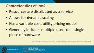 Characteristics of IaaS
• Resources are distributed as a service
• Allows for dynamic scaling
• Has a variable cost, utility pricing model
• Generally includes multiple users on a single
piece of hardware
Source: http://broadcast.rackspace.com/hosting_knowledge/whitepapers/Understanding-the-Cloud-Computing-Stack.pdf
19
 