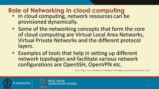 Role of Networking in cloud computing
• In cloud computing, network resources can be
provisioned dynamically.
• Some of the networking concepts that form the core
of cloud computing are Virtual Local Area Networks,
Virtual Private Networks and the different protocol
layers.
• Examples of tools that help in setting up different
network topologies and facilitate various network
configurations are OpenSSH, OpenVPN etc.
Source: http://www.slideshare.net/alexamies/networking-concepts-and-tools-for-the-cloud
26
 