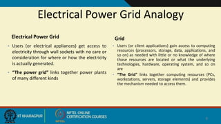 Electrical Power Grid Analogy
Electrical Power Grid
• Users (or electrical appliances) get access to
electricity through wall sockets with no care or
consideration for where or how the electricity
is actually generated.
• “The power grid” links together power plants
of many different kinds
Grid
• Users (or client applications) gain access to computing
resources (processors, storage, data, applications, and
so on) as needed with little or no knowledge of where
those resources are located or what the underlying
technologies, hardware, operating system, and so on
are
• “The Grid" links together computing resources (PCs,
workstations, servers, storage elements) and provides
the mechanism needed to access them.
8
 