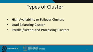 Types of Cluster
• High Availability or Failover Clusters
• Load Balancing Cluster
• Parallel/Distributed Processing Clusters
18
 