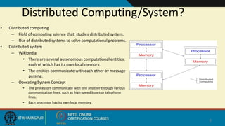 Distributed Computing/System?
• Distributed computing
– Field of computing science that studies distributed system.
– Use of distributed systems to solve computational problems.
• Distributed system
– Wikipedia
• There are several autonomous computational entities,
each of which has its own local memory.
• The entities communicate with each other by message
passing.
– Operating System Concept
• The processors communicate with one another through various
communication lines, such as high-speed buses or telephone
lines.
• Each processor has its own local memory.
8
 