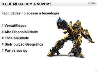 O QUE MUDA COM A NUVEM?
Facilidades no acesso a tecnologia
# Versatilidade
# Alta Disponibilidade
# Escalabilidade
# Distribuição Geográﬁca
# Pay as you go
24
 