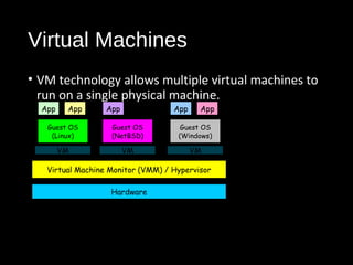 Virtual Machines 
• VM technology allows multiple virtual machines to 
run on a single physical machine. 
16 
App App App App App 
Virtual Machine Monitor (VMM) / Hypervisor 
Hardware 
Guest OS 
(Linux) 
Guest OS 
(NetBSD) 
Guest OS 
(Windows) 
VM VM VM 
Xen 
VMWare 
UML 
Denali 
etc. 
Performance: Para-virtualization (e.g. Xen) is very close to raw physical 
performance! 
 