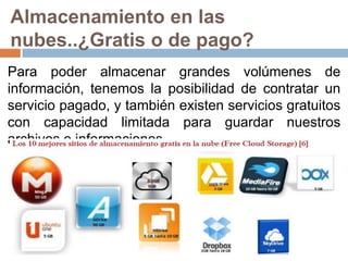 Almacenamiento en las
nubes..¿Gratis o de pago?
Para poder almacenar grandes volúmenes de
información, tenemos la posibilidad de contratar un
servicio pagado, y también existen servicios gratuitos
con capacidad limitada para guardar nuestros
archivos e informaciones.
 