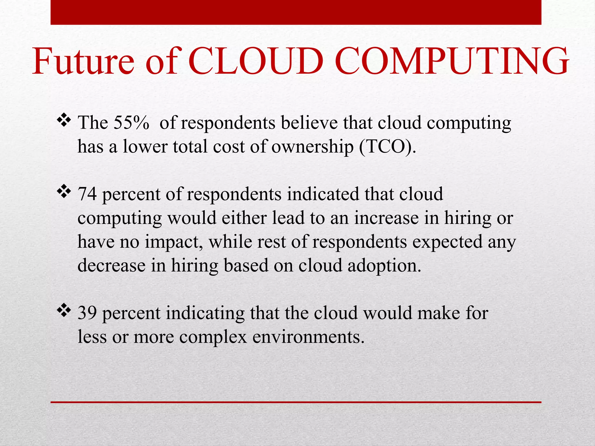 Future of CLOUD COMPUTING The 55% of respondents believe that cloud computing has a lower total cost of ownership (TCO). 74 percent of respondents indicated that cloud computing would either lead to an increase in hiring or have no impact, while rest of respondents expected any decrease in hiring based on cloud adoption. 39 percent indicating that the cloud would make for less or more complex environments. 