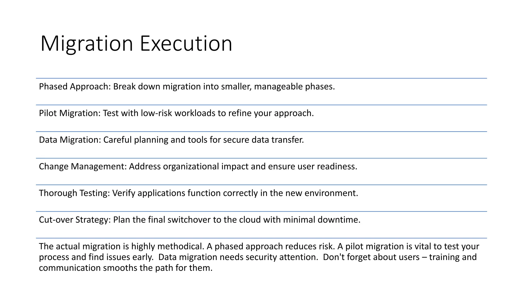 Migration Execution
Phased Approach: Break down migration into smaller, manageable phases.
Pilot Migration: Test with low-risk workloads to refine your approach.
Data Migration: Careful planning and tools for secure data transfer.
Change Management: Address organizational impact and ensure user readiness.
Thorough Testing: Verify applications function correctly in the new environment.
Cut-over Strategy: Plan the final switchover to the cloud with minimal downtime.
The actual migration is highly methodical. A phased approach reduces risk. A pilot migration is vital to test your
process and find issues early. Data migration needs security attention. Don't forget about users – training and
communication smooths the path for them.
 
