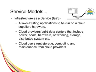Service Models ...
● Infrastructure as a Service (IaaS)
– Allows existing applications to be run on a cloud
suppliers hardware.
– Cloud providers build data centers that include
power, scale, hardware, networking, storage,
distributed system etc.
– Cloud users rent storage, computing and
maintenance from cloud providers.ho want to create
services but don't want to build their own cloud
 