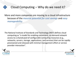 Cloud Computing – Why do we need it?

More and more companies are moving to a cloud infrastructure
  because of the massive potential for cost savings and easy
  manageability.



The National Institute of Standards and Technology (NIST) defines cloud
   computing as “a model for enabling convenient, on-demand network
   access to a shared pool of configurable computing resources (e.g.,
   networks, servers, storage, applications, and services) that can be rapidly
   provisioned and released with minimal management effort or service
   provider interaction”.




                                                                                 3
 