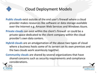 Cloud Deployment Models

Public clouds exist outside of the end user’s firewall where a cloud
  provider makes resources like software or data storage available
  over the Internet e.g. Amazon Web Services and Windows Azure.
Private clouds can exist within the client’s firewall or could be a
   private space dedicated to the client company within the cloud
   provider’s own data centers.
Hybrid clouds are an amalgamation of the above two types of cloud
  where a business hosts some of its servers on its own premises and
  the two clouds work seamlessly together.
Community clouds are shared by several organizations that have
  shared concerns such as security requirements and compliance
  considerations.


                                                                       5
 