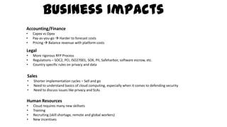 Business Impacts
Accounting/Finance
• Capex vs Opex
• Pay-as-you-go  Harder to forecast costs
• Pricing  Balance revenue with platform costs
Legal
• More rigorous RFP Process
• Regulations – SOC2, PCI, ISO27001, SOX, PII, Safeharbor, software escrow, etc.
• Country specific rules on privacy and data
Human Resources
• Cloud requires many new skillsets
• Training
• Recruiting (skill shortage, remote and global workers)
• New incentives
Sales
• Shorter implementation cycles – Sell and go
• Need to understand basics of cloud computing, especially when it comes to defending security
• Need to discuss issues like privacy and SLAs
 