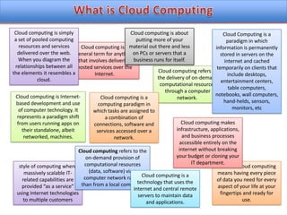What is Cloud ComputingCloud computing is simply a set of pooled computing resources and services delivered over the web. When you diagram the relationships between all the elements it resembles a cloud.Cloud computing is about putting more of your material out there and less on PCs or servers that a business runs for itself.Cloud Computing is a paradigm in which information is permanently stored in servers on the internet and cached temporarily on clients that include desktops, entertainment centers, table computers, notebooks, wall computers, hand-helds, sensors, monitors, etcCloud computing is a general term for anything that involves delivering hosted services over the Internet.Cloud computing refers to the delivery of on-demand computational resources through a computer network. Cloud computing is Internet-based development and use of computer technology. It represents a paradigm shift from users running apps on their standalone, albeit networked, machines.Cloud computing is a computing paradigm in which tasks are assigned to a combination of connections, software and services accessed over a network. Cloud computing makes infrastructure, applications, and business processes accessible entirely on the internet without breaking your budget or cloning your IT department.Cloud computing refers to the on-demand provision of computational resources (data, software) via a computer network rather than from a local computer.style of computing where massively scalable IT-related capabilities are provided “as a service” using Internet technologies to multiple customersPersonal cloud computing means having every piece of data you need for every aspect of your life at your fingertips and ready for use.Cloud computing is a technology that uses the internet and central remote servers to maintain data and applications.