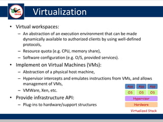 Virtualization
• Virtual workspaces:
– An abstraction of an execution environment that can be made
dynamically available to authorized clients by using well-defined
protocols,
– Resource quota (e.g. CPU, memory share),
– Software configuration (e.g. O/S, provided services).
• Implement on Virtual Machines (VMs):
– Abstraction of a physical host machine,
– Hypervisor intercepts and emulates instructions from VMs, and allows
management of VMs,
– VMWare, Xen, etc.
• Provide infrastructure API:
– Plug-ins to hardware/support structures Hardware
OS
App App App
Hypervisor
OS OS
Virtualized Stack
 