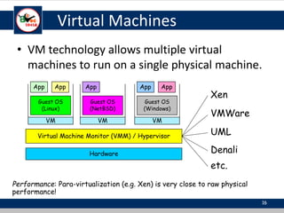 Virtual Machines
• VM technology allows multiple virtual
machines to run on a single physical machine.
Hardware
Virtual Machine Monitor (VMM) / Hypervisor
Guest OS
(Linux)
Guest OS
(NetBSD)
Guest OS
(Windows)
VM VM VM
App
App App
App
App
Xen
VMWare
UML
Denali
etc.
Performance: Para-virtualization (e.g. Xen) is very close to raw physical
performance!
16
 
