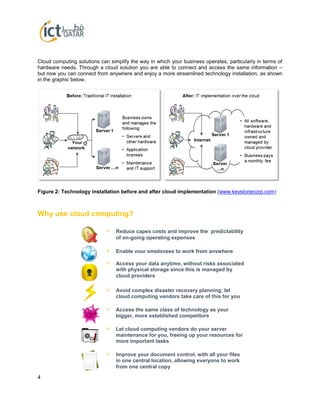 4
Cloud computing solutions can simplify the way in which your business operates, particularly in terms of
hardware needs. Through a cloud solution you are able to connect and access the same information –
but now you can connect from anywhere and enjoy a more streamlined technology installation, as shown
in the graphic below.
Figure 2: Technology installation before and after cloud implementation (www.keystonecorp.com)
Why use cloud computing?
 Reduce capex costs and improve the predictability
of on-going operating expenses
 Enable your employees to work from anywhere
 Access your data anytime, without risks associated
with physical storage since this is managed by
cloud providers
 Avoid complex disaster recovery planning; let
cloud computing vendors take care of this for you
 Access the same class of technology as your
bigger, more established competitors
 Let cloud computing vendors do your server
maintenance for you, freeing up your resources for
more important tasks
 Improve your document control, with all your files
in one central location, allowing everyone to work
from one central copy
 