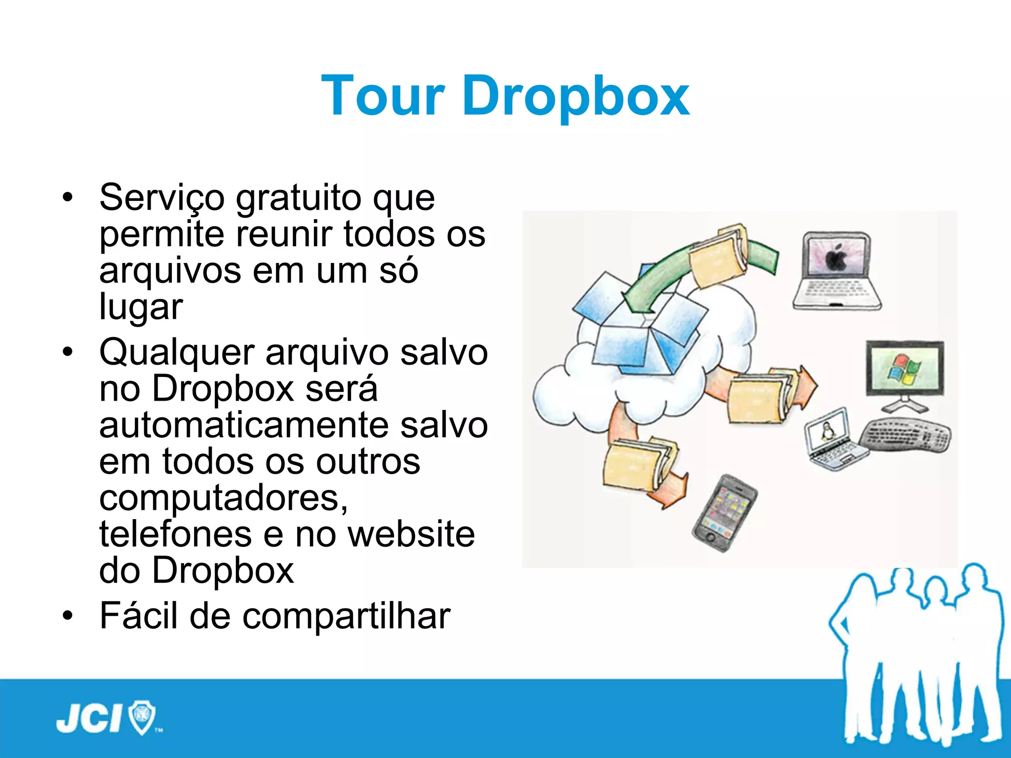Tour Dropbox
• Serviço gratuito que
  permite reunir todos os
  arquivos em um só
  lugar
• Qualquer arquivo salvo
  no Dropbox será
  automaticamente salvo
  em todos os outros
  computadores,
  telefones e no website
  do Dropbox
• Fácil de compartilhar
 