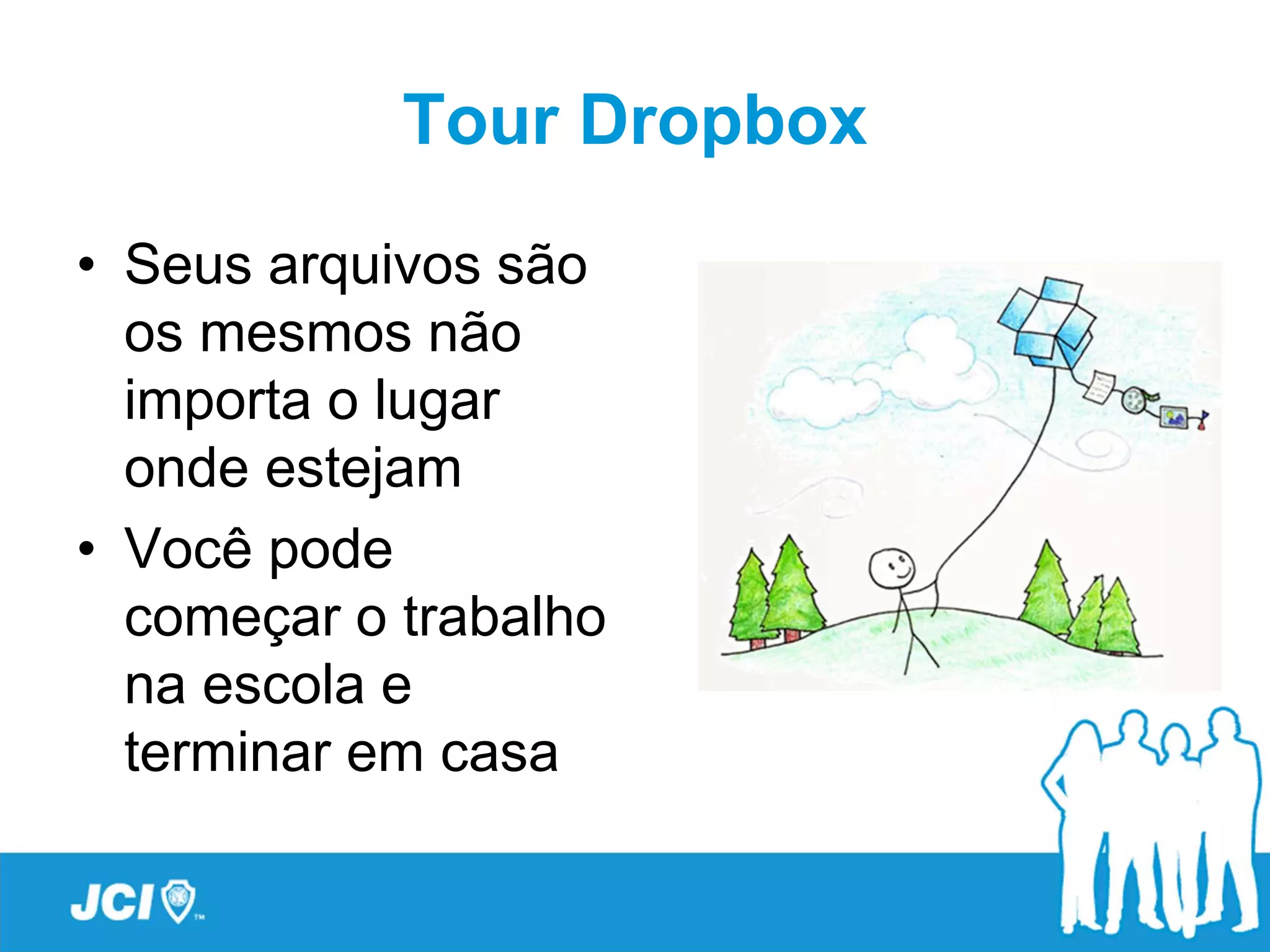 Tour Dropbox
• Seus arquivos são
  os mesmos não
  importa o lugar
  onde estejam
• Você pode
  começar o trabalho
  na escola e
  terminar em casa
 