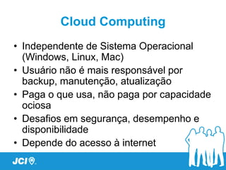 Cloud Computing
• Independente de Sistema Operacional
  (Windows, Linux, Mac)
• Usuário não é mais responsável por
  backup, manutenção, atualização
• Paga o que usa, não paga por capacidade
  ociosa
• Desafios em segurança, desempenho e
  disponibilidade
• Depende do acesso à internet
 