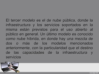 El tercer modelo es el de nube pública, donde laEl tercer modelo es el de nube pública, donde la
infraestructura y los servicios soportados en lainfraestructura y los servicios soportados en la
misma están previstos para el uso abierto almisma están previstos para el uso abierto al
público en general. Un último modelo es conocidopúblico en general. Un último modelo es conocido
como nube híbrida, en donde hay una mezcla decomo nube híbrida, en donde hay una mezcla de
dos o más de los modelos mencionadosdos o más de los modelos mencionados
anteriormente, con la particularidad que el destinoanteriormente, con la particularidad que el destino
de las capacidades de la infraestructura yde las capacidades de la infraestructura y
serviciosservicios
 