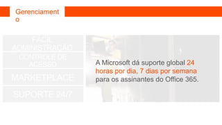 Gerenciament
o

    FÁCIL
ADMINISTRAÇÃO
 CONTROLE DE
   ACESSO       A Microsoft dá suporte global 24
                horas por dia, 7 dias por semana
MARKETPLACE     para os assinantes do Office 365.

SUPORTE 24/7
 