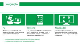 Integração




PC                                         Telefone                                      Navegador
Mantenha sua produtividade com             Leia, edite, compartilhe documentos e notas   Visualize e edite documentos em
aplicativos Microsoft® Office familiares   com o Office Hub no Windows® Phone 7.         qualquer lugar com as Office Web Apps
que seus funcionários exigem               Acesse emails, contatos e calendário no       disponíveis em uma ampla variedade de
                                           dispositivo de sua preferência                navegadores


  Possibilidade de integração/sincronização do Active Directory
  Automação de processos com Windows PowerShell
 