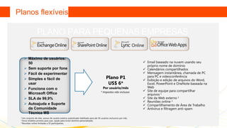 Planos flexíveis

                 PLANO PARA PEQUENAS EMPRESAS
                                      PLANOS KIOSK

     Máximo de usuários:
      50                                                                                                              Email baseado na nuvem usando seu
                                                                                                                       próprio nome de domínio
     Sem suporte por fone                                                                                            Calendários compartilhados
     Fácil de experimentar                                                                                           Mensagem instantânea, chamada de PC
     Simples e fácil de                                                                   Plano P1                    para PC e videoconferência
                                                                                                                      Exibição e edição de arquivos do Word,
      usar                                                                                  US$ 6*                     Excel, PowerPoint e OneNote baseada na
     Funciona com o                                                                    Por usuário/mês                Web
                                                                                     * Impostos não inclusos          Site de equipe para compartilhar
      Microsoft Office                                                                                                 arquivos 1
     SLA de 99,9%                                                                                                    Site da Web externo 2
                                                                                                                      Reuniões online 3
     Autoajuda e Suporte                                                                                             Compartilhamento de Área de Trabalho
      da Comunidade                                                                                                   Antivírus e filtragem anti-spam
      Técnica MS
 1 Um conjunto de sites, acesso de usuário externo autenticado habilitado para até 50 usuários exclusivos por mês.
 2 Inclui
        modelos prontos para usar, opção para incluir domínio personalizado.
 3 Reuniões online limitadas a 50 participantes.
 