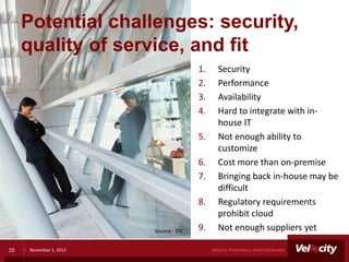 Potential challenges: security,
     quality of service, and fit
                                      1.      Security
                                      2.      Performance
                                      3.      Availability
                                      4.      Hard to integrate with in-
                                              house IT
                                      5.      Not enough ability to
                                              customize
                                      6.      Cost more than on-premise
                                      7.      Bringing back in-house may be
                                              difficult
                                      8.      Regulatory requirements
                                              prohibit cloud
                        Source: IDC   9.      Not enough suppliers yet

10   November 1, 2012                      Velocity Proprietary and Confidential
 