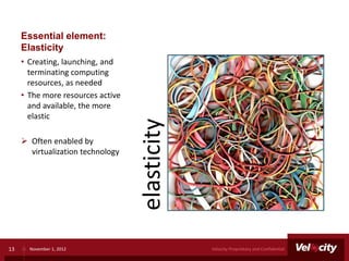 Essential element:
     Elasticity
     • Creating, launching, and
       terminating computing
       resources, as needed
     • The more resources active
       and available, the more
       elastic



                                   elasticity
      Often enabled by
       virtualization technology




13     November 1, 2012                         Velocity Proprietary and Confidential
 
