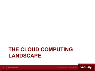 THE CLOUD COMPUTING
    LANDSCAPE

3   November 1, 2012   Velocity Proprietary and Confidential
 