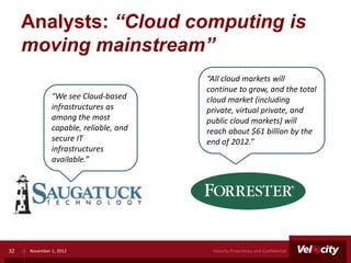 Analysts: “Cloud computing is
     moving mainstream”
                                       “All cloud markets will
                                       continue to grow, and the total
              “We see Cloud-based      cloud market (including
              infrastructures as       private, virtual private, and
              among the most           public cloud markets) will
              capable, reliable, and   reach about $61 billion by the
              secure IT                end of 2012.”
              infrastructures
              available.”




32   November 1, 2012                   Velocity Proprietary and Confidential
 