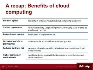 A recap: Benefits of cloud
     computing
Business agility        flexibility in compute resources cloud computing can deliver


Greater cost control    resource elasticity, usage billing model, leveraging scale offered by
                        a technology service
Faster time to market   ease/speed of Implementation


Increased workforce     systems can be accessed from wherever you are
productivity
Reduced business risk   experienced service providers who know how to optimize cloud
                        infrastructures
Higher technology       cloud is designed to provide better response time than internal
service levels          server hardware



33   November 1, 2012                                    Velocity Proprietary and Confidential
 