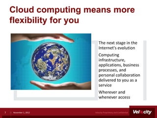 Cloud computing means more
    flexibility for you

                          The next stage in the
                          Internet's evolution
                          Computing
                          infrastructure,
                          applications, business
                          processes, and
                          personal collaboration
                          delivered to you as a
                          service
                          Wherever and
                          whenever access


7   November 1, 2012   Velocity Proprietary and Confidential
 