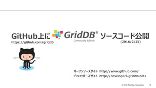 © 2016 Toshiba Corporation 16
GitHub上に ソースコード公開
(2016/2/25)https://github.com/griddb
オープンソースサイト http://www.github.com/
デベロッパーズサイト http://developers.griddb.net/
 