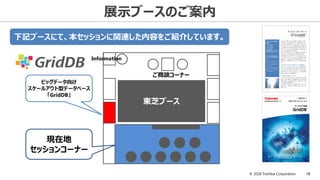 © 2016 Toshiba Corporation 18
展示ブースのご案内
下記ブースにて、本セッションに関連した内容をご紹介しています。
ビッグデータ向け
スケールアウト型データベース
「GridDB」
東芝ブース
現在地
セッションコーナー
ご商談コーナー
Information
 