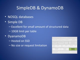 SimpleDB & DynamoDB
• NOSQL databases
• Simple DB
  – Excellent for small amount of structured data
  – 10GB limit per table
• DyanamoDB
  – Hosted on SSD
  – No size or request limitation
 