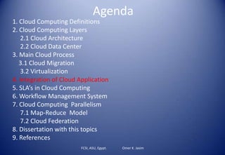 Agenda
FCSI, ASU, Egypt. Omer K. Jasim
1. Cloud Computing Definitions
2. Cloud Computing Layers
2.1 Cloud Architecture
2.2 Cloud Data Center
3. Main Cloud Process
3.1 Cloud Migration
3.2 Virtualization
4. Integration of Cloud Application
5. SLA’s in Cloud Computing
6. Workflow Management System
7. Cloud Computing Parallelism
7.1 Map-Reduce Model
7.2 Cloud Federation
8. Dissertation with this topics
9. References
 