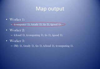 Map output
• Worker 1:
– (computer 1), (study 1), (is 1), (good 1).
• Worker 2:
– (cloud 1), (computing 1), (is 1), (good 1).
• Worker 3:
– (My 1), (study 1), (in 1), (cloud 1), (computing 1).
 