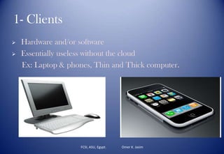 1- Clients
 Hardware and/or software
 Essentially useless without the cloud
Ex: Laptop & phones, Thin and Thick computer.
FCSI, ASU, Egypt. Omer K. Jasim
 