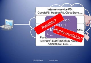 Internet-service FS:
GoogleFS, HadoopFS, CloudStore, ...
Custom Storage:
Facebook Haystack Photo Store,
Microsoft StarTrack (Map Apps),
Amazon S3, EBS, ...
Key-Value Store:
Cassandra, Voldemort, ...
Structured Storage:
Yahoo! PNUTS, Google BigTable, Hbase, ...
+ Replication
+ Scale-up
+ Migration
+ ...
FCSI, ASU, Egypt. Omer K. Jasim
 
