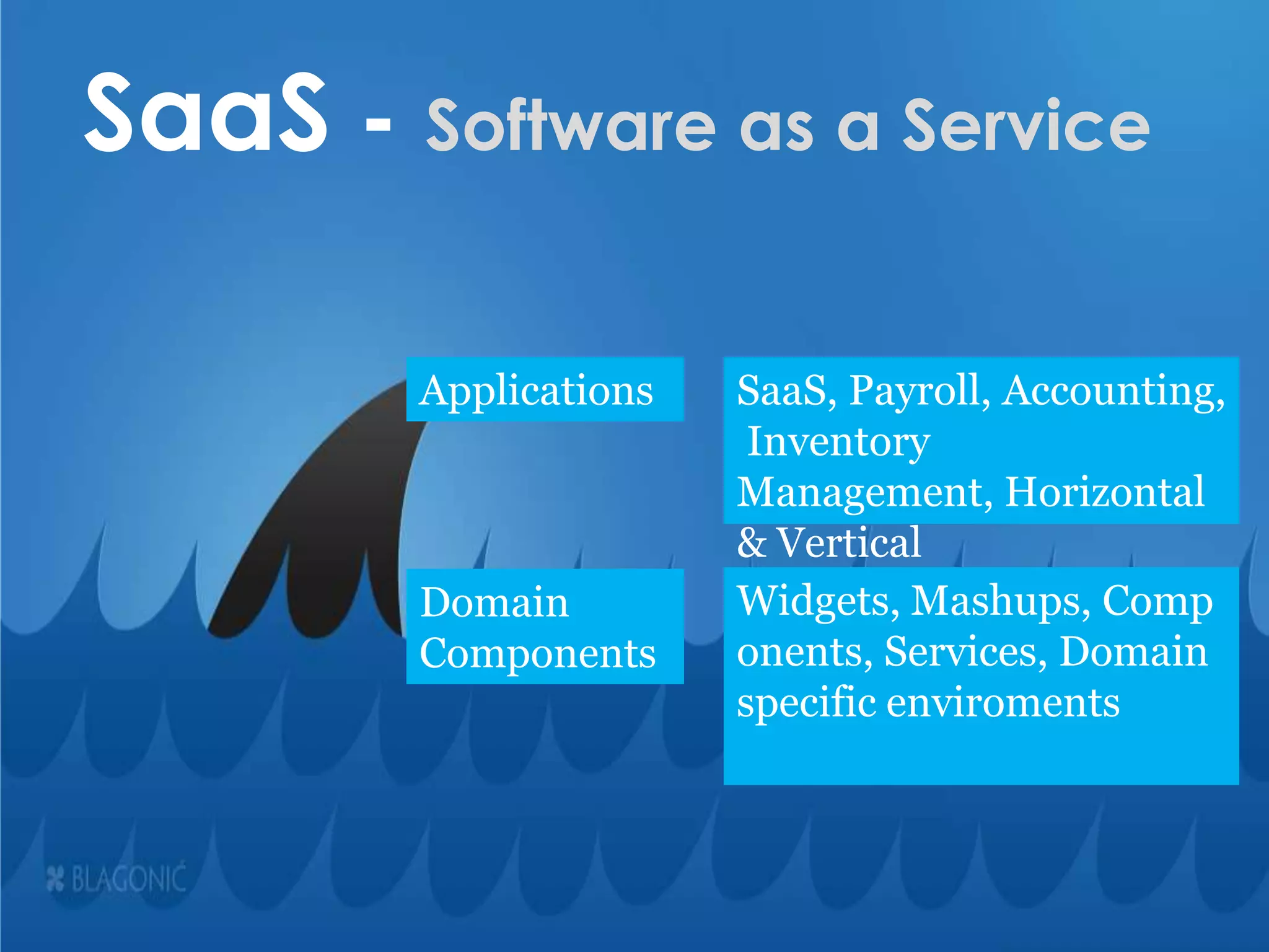 SaaS - Software as a ServiceApplicationsSaaS, Payroll, Accounting, Inventory Management, Horizontal & VerticalWidgets, Mashups, Components, Services, Domain specific enviromentsDomain Components