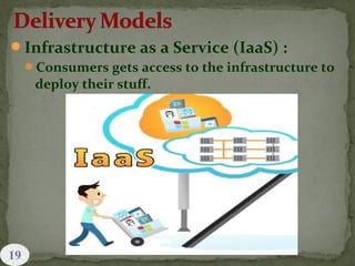 Infrastructure as a Service (IaaS) :
Consumers gets access to the infrastructure to
deploy their stuff.
 