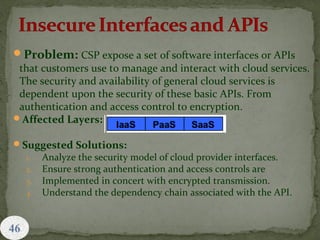 46
Problem: CSP expose a set of software interfaces or APIs
that customers use to manage and interact with cloud services.
The security and availability of general cloud services is
dependent upon the security of these basic APIs. From
authentication and access control to encryption.
Affected Layers:
Suggested Solutions:
1. Analyze the security model of cloud provider interfaces.
2. Ensure strong authentication and access controls are
3. Implemented in concert with encrypted transmission.
4. Understand the dependency chain associated with the API.
 