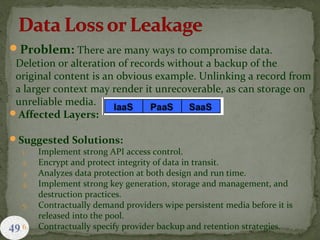 49
Problem: There are many ways to compromise data.
Deletion or alteration of records without a backup of the
original content is an obvious example. Unlinking a record from
a larger context may render it unrecoverable, as can storage on
unreliable media.
Affected Layers:
Suggested Solutions:
1. Implement strong API access control.
2. Encrypt and protect integrity of data in transit.
3. Analyzes data protection at both design and run time.
4. Implement strong key generation, storage and management, and
destruction practices.
5. Contractually demand providers wipe persistent media before it is
released into the pool.
6. Contractually specify provider backup and retention strategies.
 