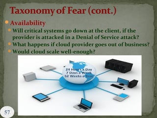 Availability
Will critical systems go down at the client, if the
provider is attacked in a Denial of Service attack?
What happens if cloud provider goes out of business?
Would cloud scale well-enough?
57
 