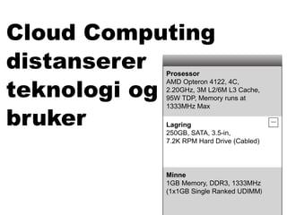 Cloud Computing
distansererProsessor                      P


teknologi og
           AMD Opteron 4122, 4C,          R
           2.20GHz, 3M L2/6M L3 Cache,    H
           95W TDP, Memory runs at        S


bruker
           1333MHz Max                    H

           Lagring                        D
           250GB, SATA, 3.5-in,           S
           7.2K RPM Hard Drive (Cabled)   7
                                          1


           Minne                          S
           1GB Memory, DDR3, 1333MHz      3
           (1x1GB Single Ranked UDIMM)    n
                                          i
 