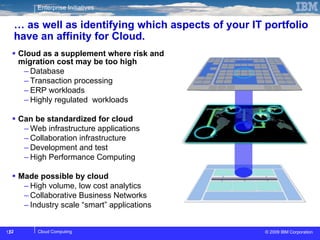 …  as well as identifying which aspects of your IT portfolio have an affinity for Cloud.  Cloud as a supplement where risk and migration cost may be too high Database Transaction processing  ERP workloads Highly regulated  workloads Can be standardized for cloud  Web infrastructure applications Collaboration infrastructure Development and test High Performance Computing Made possible by cloud High volume, low cost analytics Collaborative Business Networks Industry scale “smart” applications 
