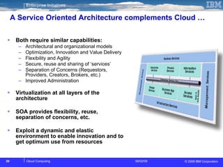 A Service Oriented Architecture complements Cloud …  Both require similar capabilities:   Architectural and organizational models Optimization, Innovation and Value Delivery Flexibility and Agility Secure, reuse and sharing of ‘services’  Separation of Concerns (Requestors, Providers, Creators, Brokers, etc.) Improved Administration Virtualization at all layers of the architecture SOA provides flexibility, reuse, separation of concerns, etc. Exploit a dynamic and elastic environment to enable innovation and to get optimum use from resources 