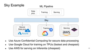 Sky Example
45
ML Pipeline
Data
proc
Training Serving
Secure
Data proc
Training Serving
Sky
● Use Azure Confidential Computing for secure data processing
● Use Google Cloud for training on TPUs (fastest and cheapest)
● Use AWS for serving on Inferentia (cheapest)
 