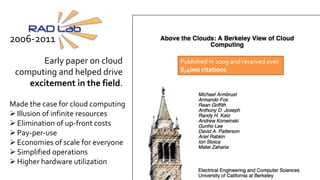 Made the case for cloud computing
Illusion of infinite resources
Elimination of up-front costs
Pay-per-use
Economies of scale for everyone
Simplified operations
Higher hardware utilization
Published in 2009 and received over
8,4000 citations
Early paper on cloud
computing and helped drive
excitement in the field.
2006-2011
 