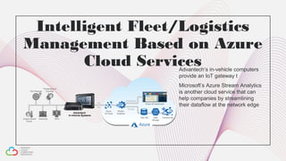 Intelligent Fleet/Logistics
Management Based on Azure
Cloud ServicesAdvantech’s in-vehicle computers
provide an IoT gateway t
Microsoft’s Azure Stream Analytics
is another cloud service that can
help companies by streamlining
their dataflow at the network edge
 